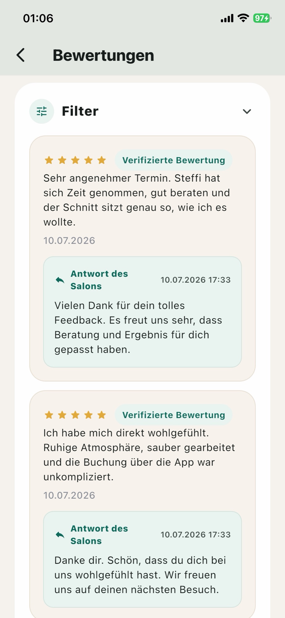 Bewertungen in der Snipio Kundenapp auf dem iPhone