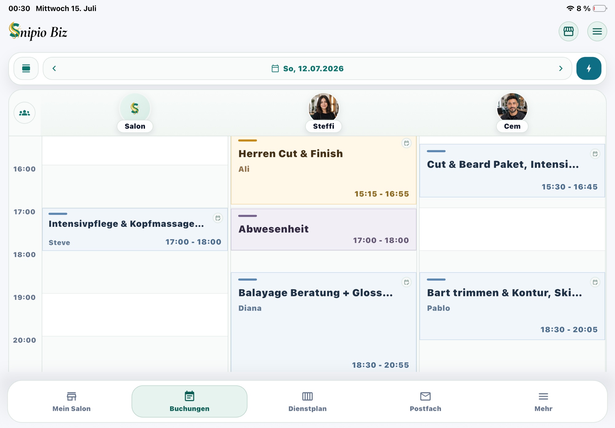 Tageskalender in Snipio Business auf dem iPad