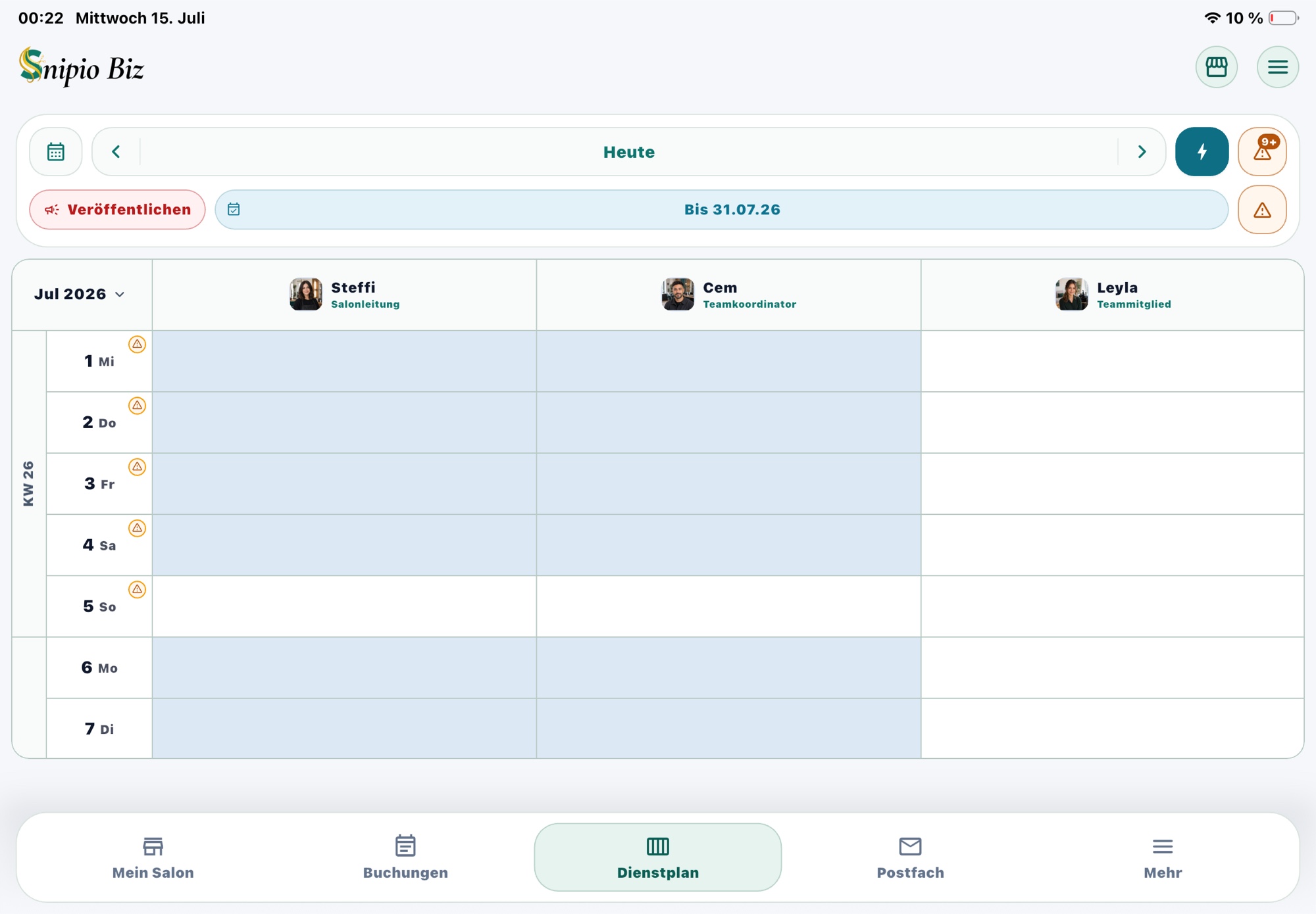 Dienstplan in Snipio Business auf dem iPad