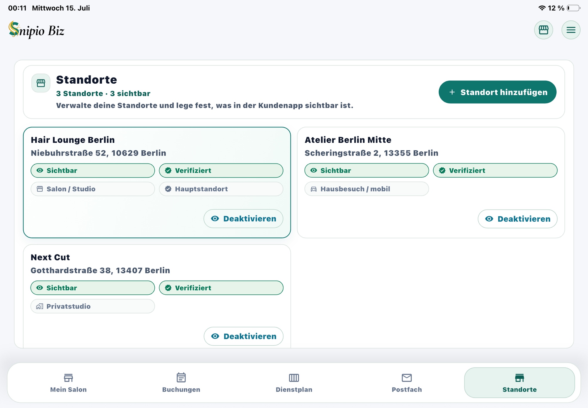 Standortverwaltung in Snipio Business auf dem iPad