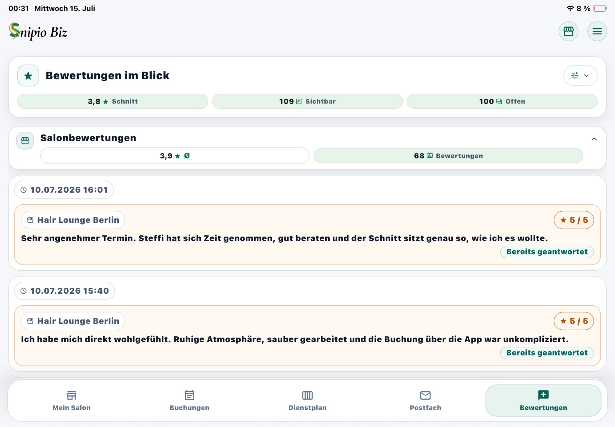 Bewertungen in Snipio Business auf dem iPad