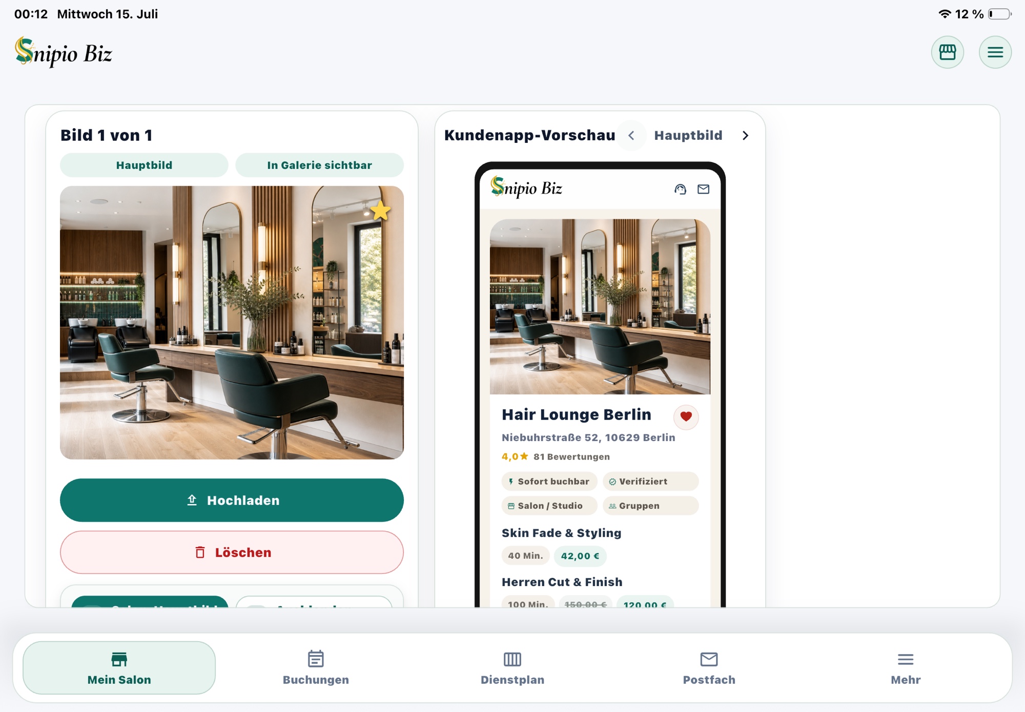 Salonvorschau in Snipio Business auf dem iPad
