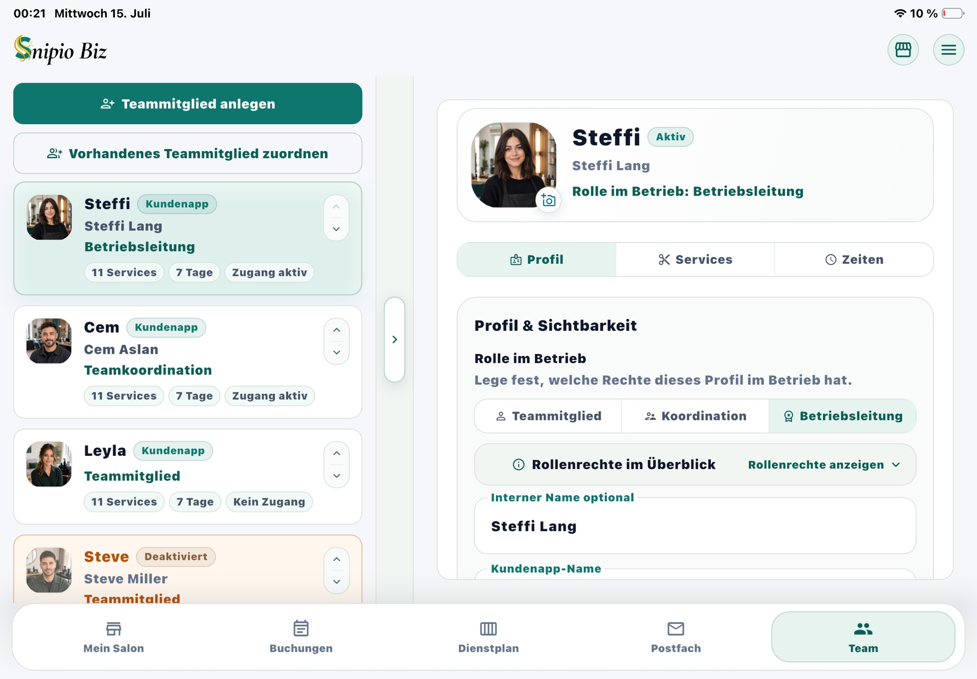 Teamverwaltung in Snipio Business auf dem iPad