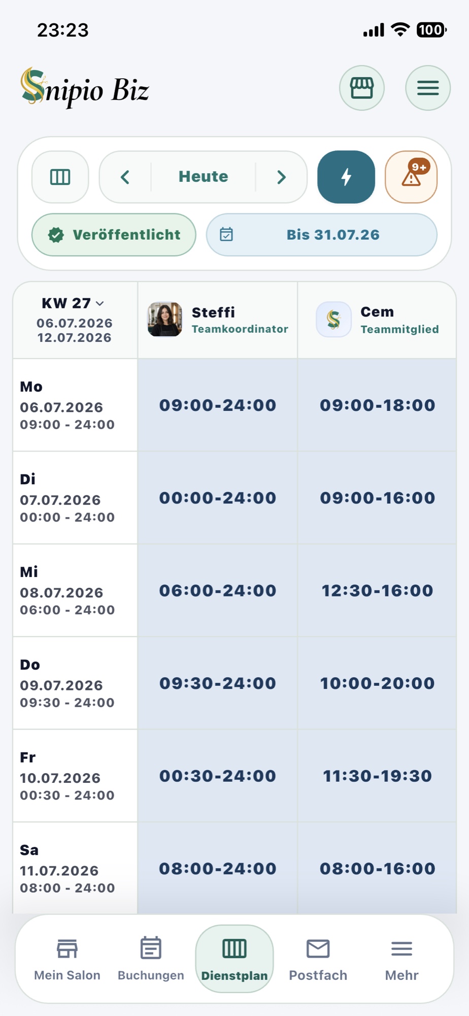 Dienstplan in Snipio Business auf dem iPhone