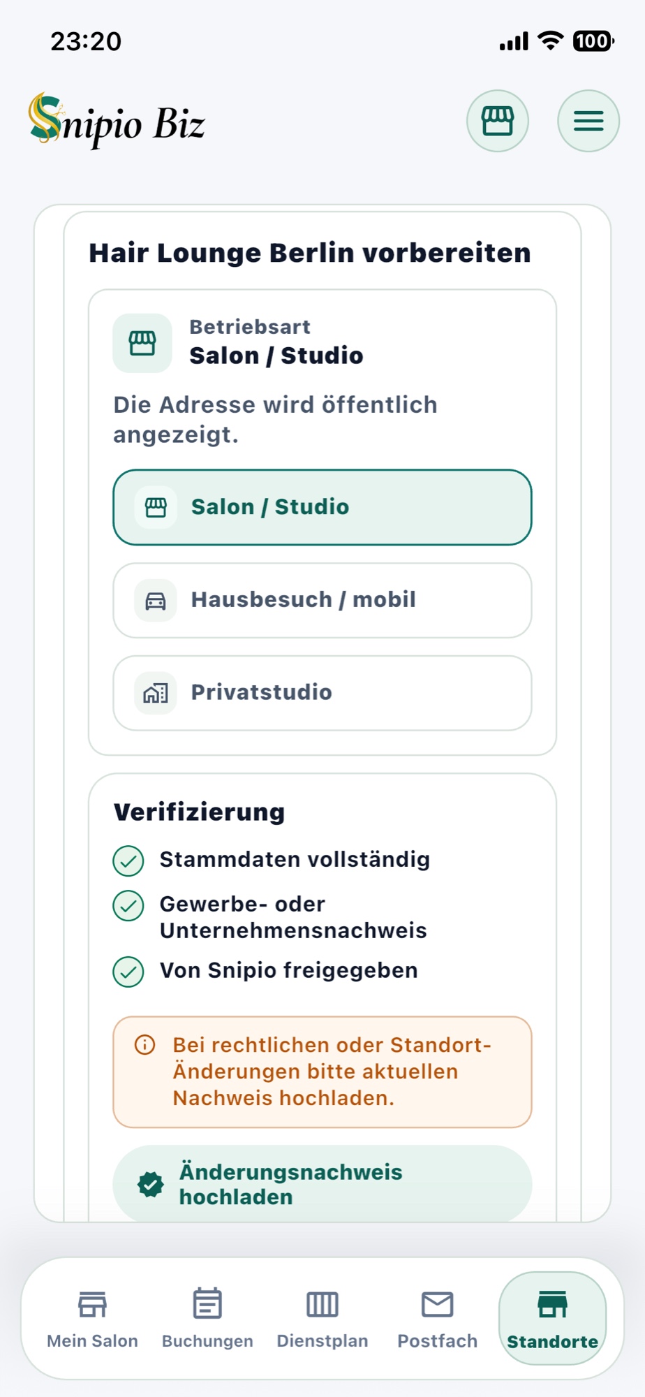 Standorteinrichtung in Snipio Business auf dem iPhone