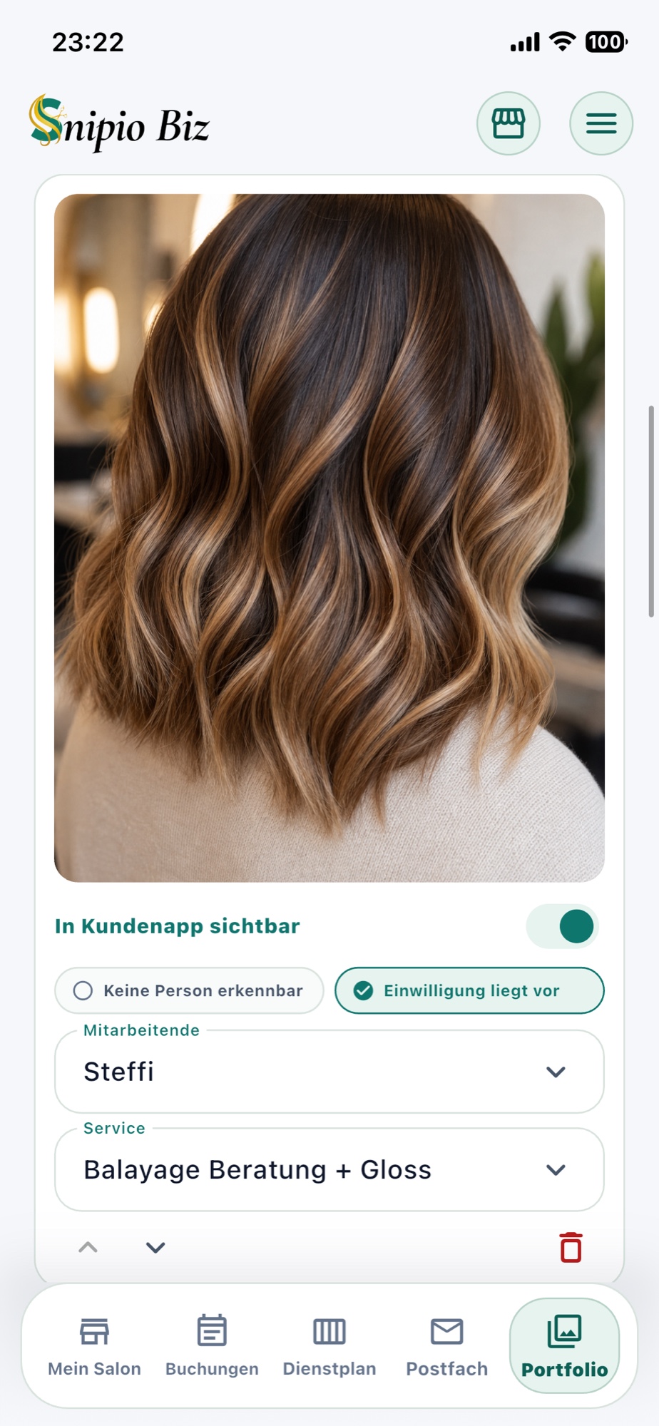 Portfolio-Editor in Snipio Business auf dem iPhone