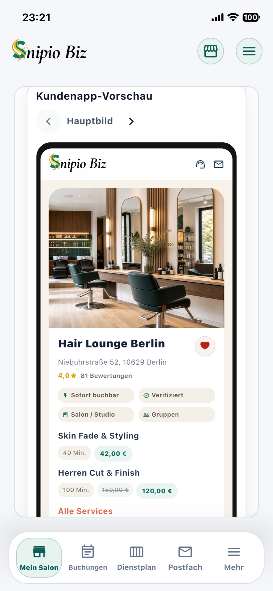 Salonvorschau in Snipio Business auf dem iPhone