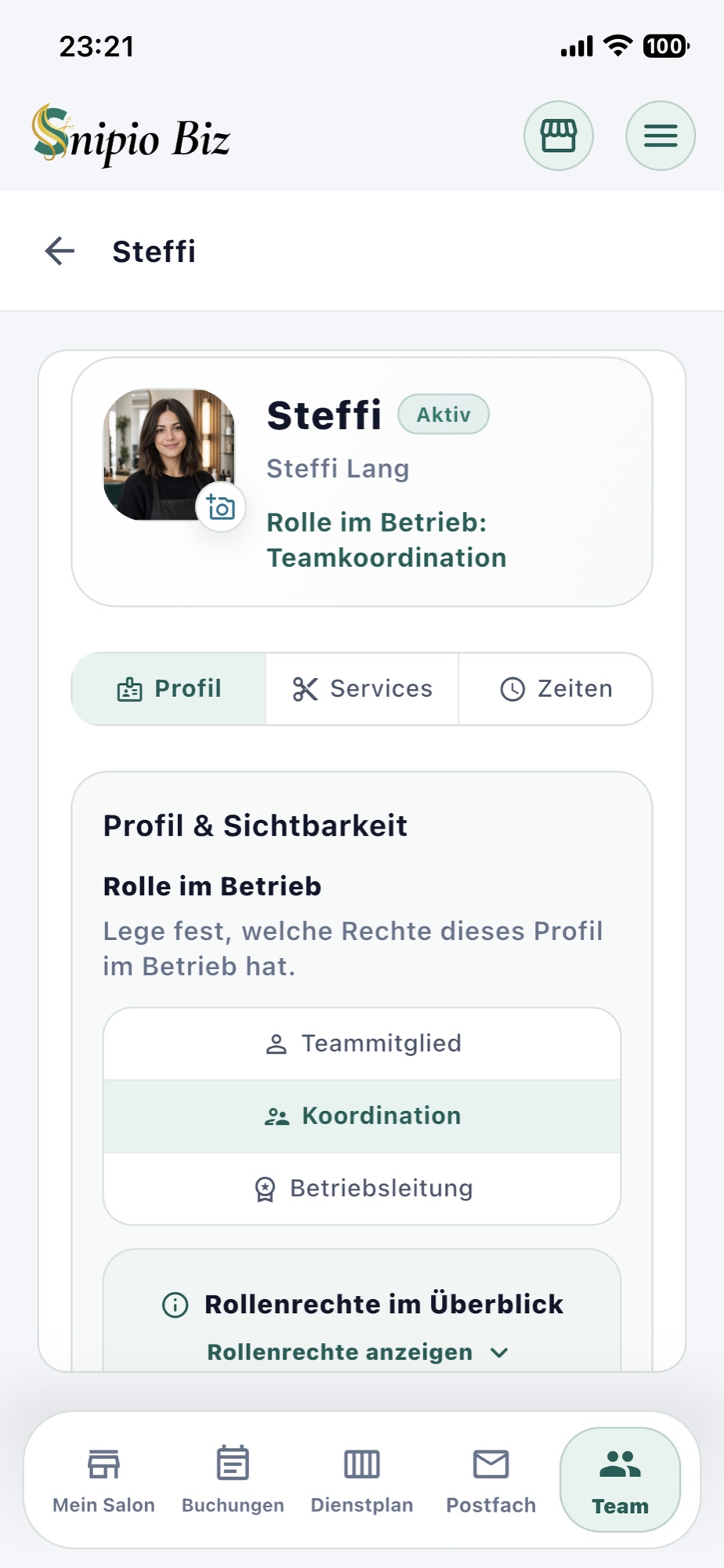 Teamprofil in Snipio Business auf dem iPhone