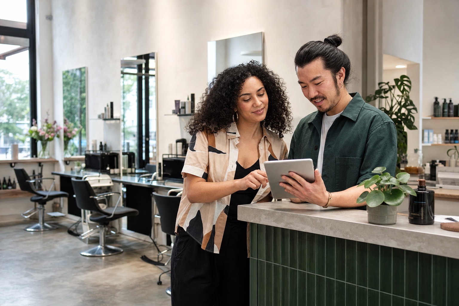 Eine Saloninhaberin und ein Mitarbeiter arbeiten gemeinsam mit Snipio Business