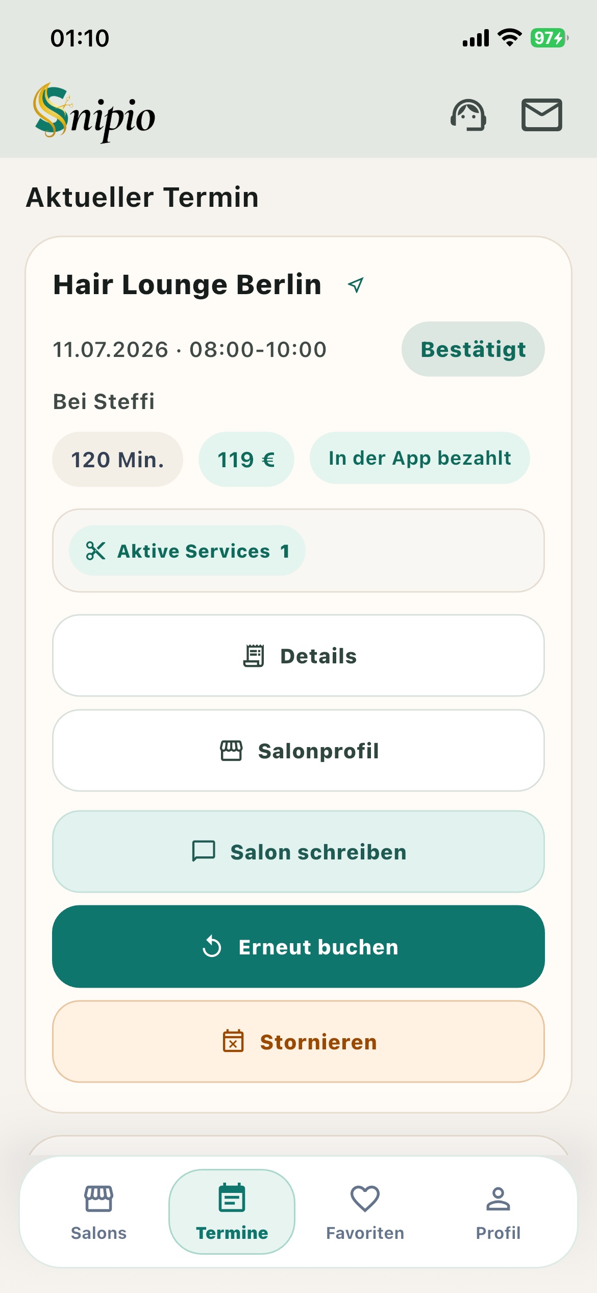 Bestätigter Termin in der Snipio App