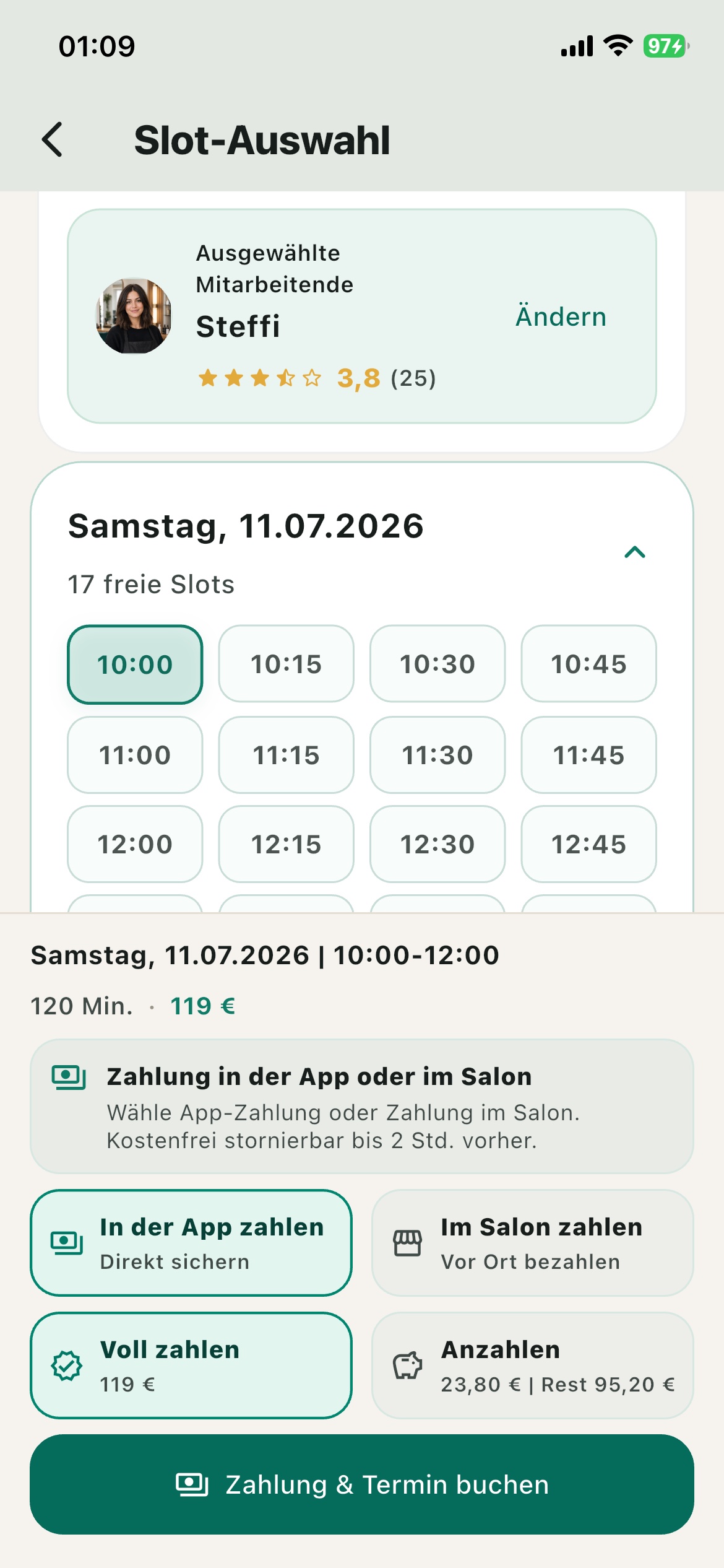 Terminauswahl in der Snipio App