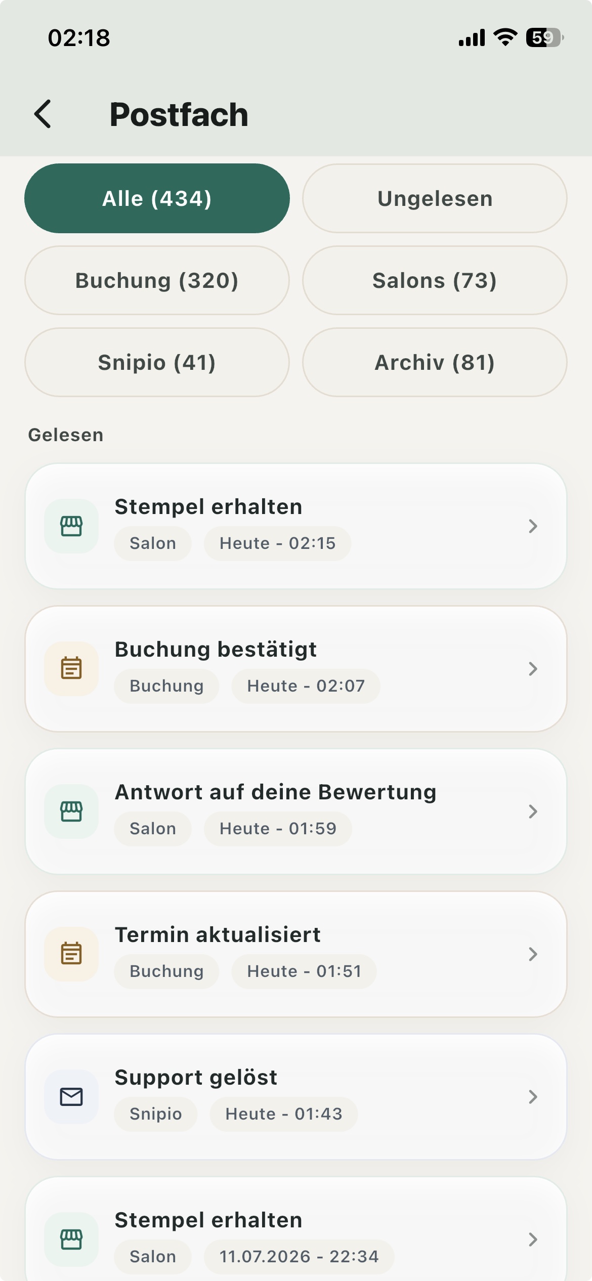 Postfach mit Buchungen, Stempeln und Antworten in der Snipio App