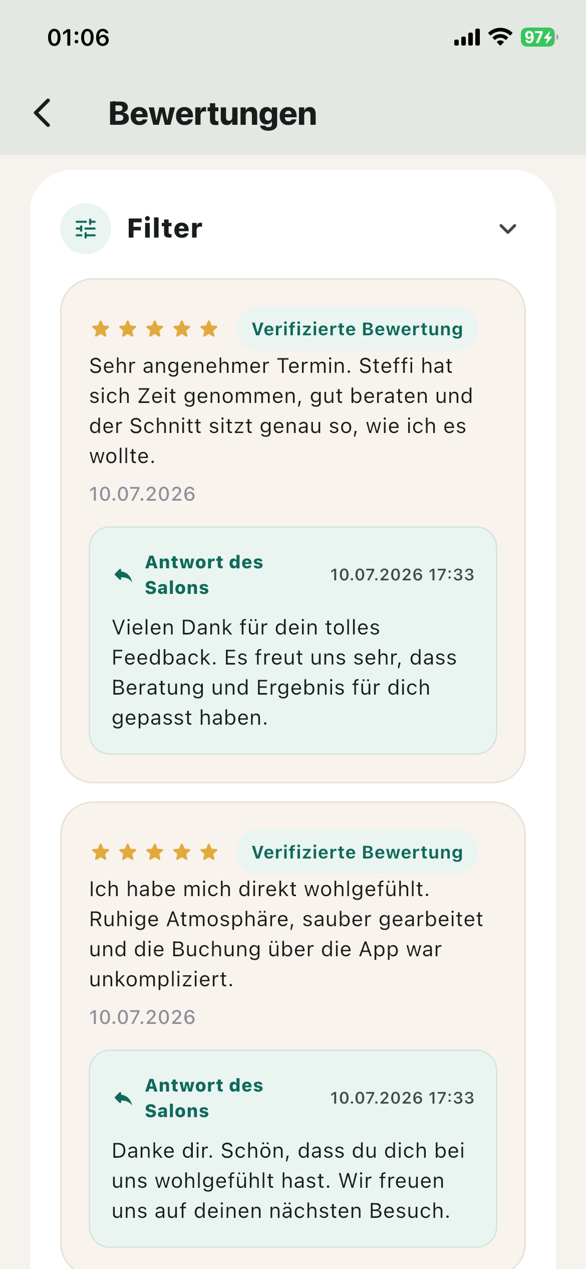 Bewertungen und Salonantworten in der Snipio App